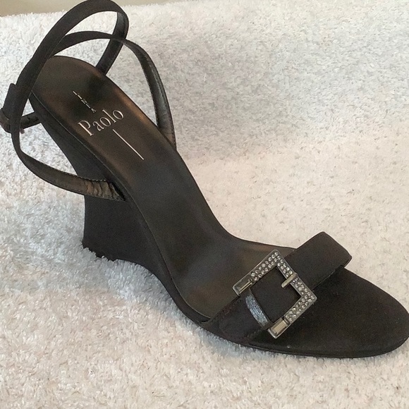 Paolo Shoes - Paolo Black Wedge Sandals with Rhinestone Buckle